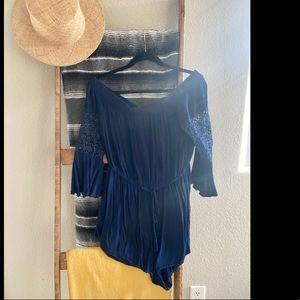 Navy Romper with lace sleeves XL
